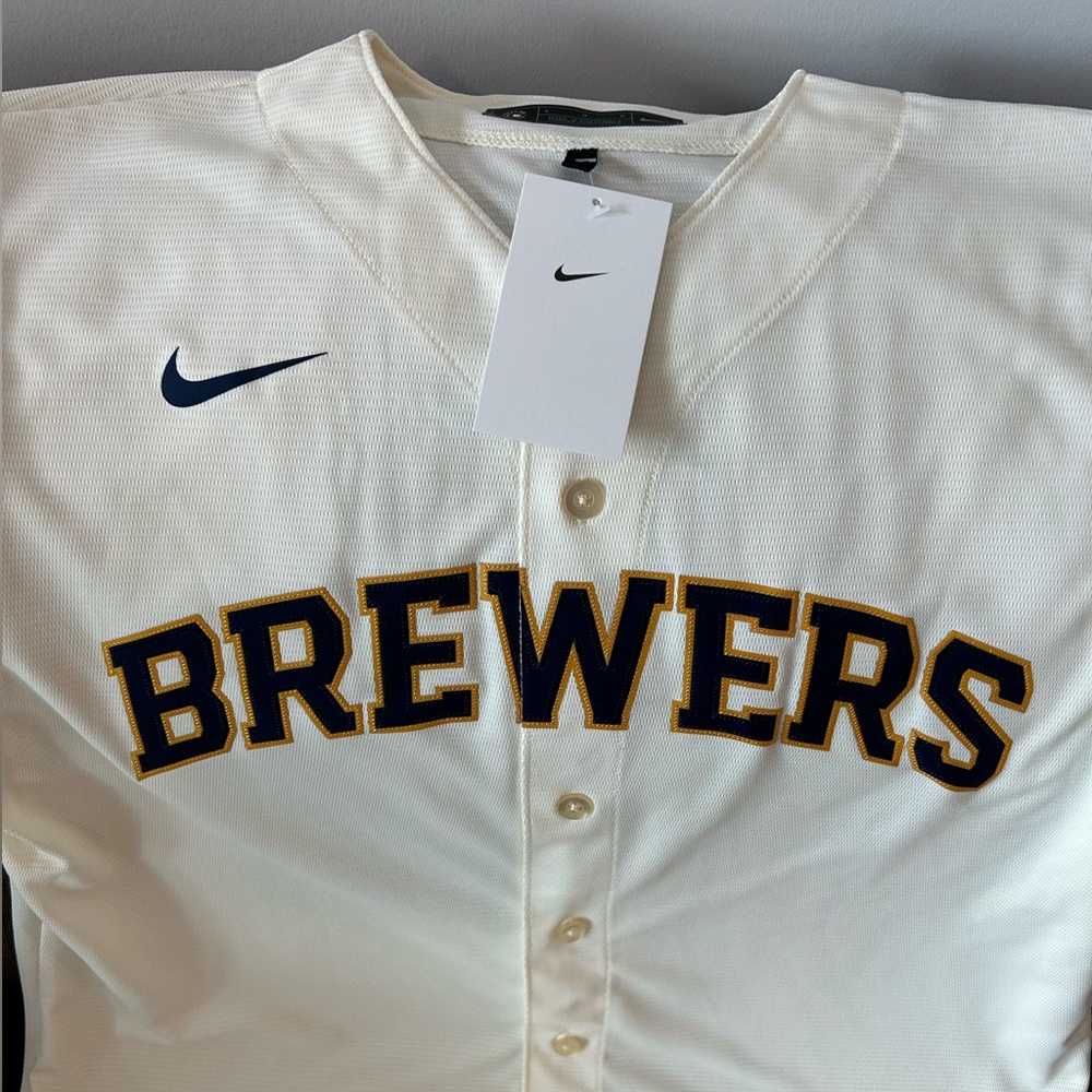 Nike Milwaukee Brewers Baseball MLB Cream Jersey Men’s Size: Large - Picture 3 of 6